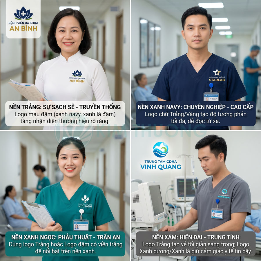 Nhân viên y tế mặc đồng phục trắng, xanh navy, xanh ngọc và xám với logo bệnh viện trong hành lang và phòng khám