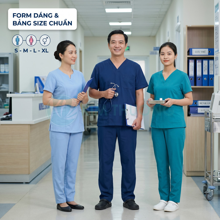 Bộ đồng phục y tá bác sĩ nam nữ nhiều màu đứng trong hành lang bệnh viện