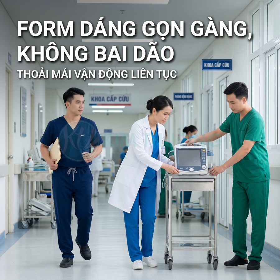 Bộ đồng phục y tá bác sĩ form dáng gọn gàng, thoải mái vận động trong hành lang bệnh viện