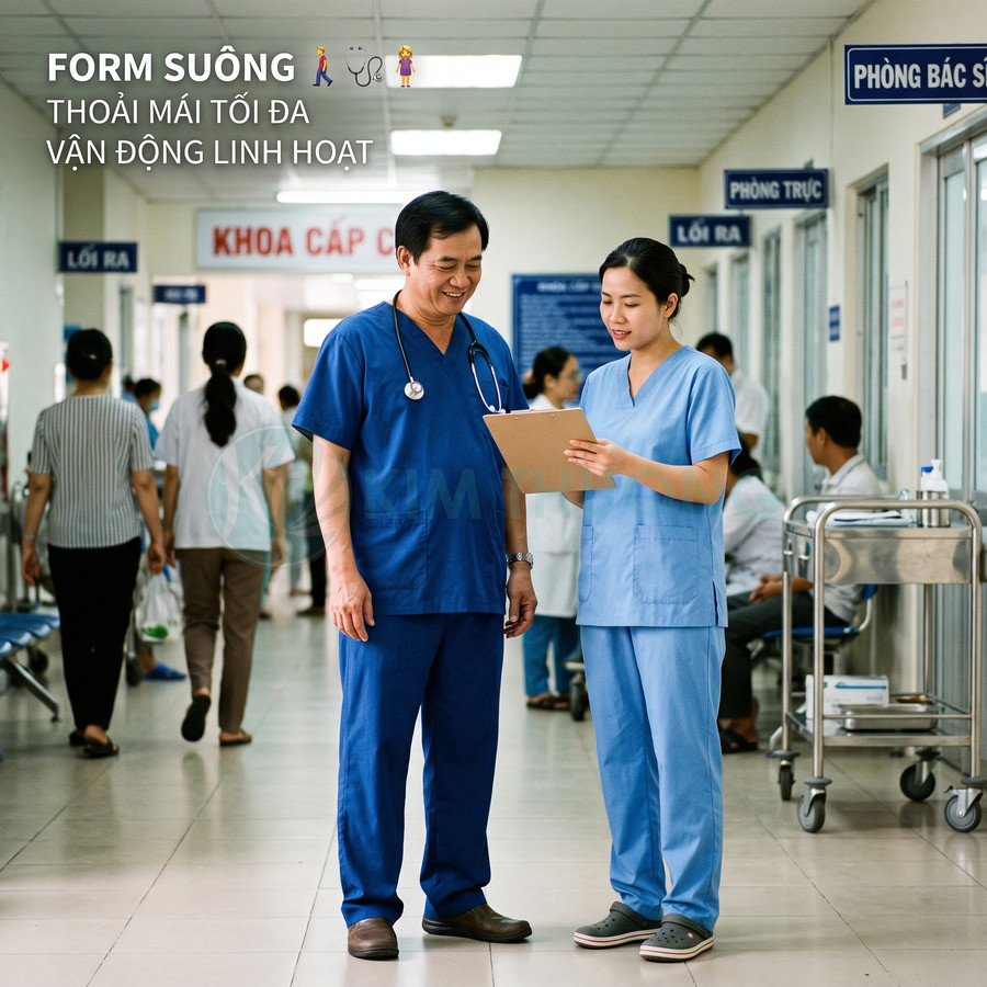 Bộ đồng phục y tá bác sĩ màu xanh form suông thoải mái trong bệnh viện hiện đại