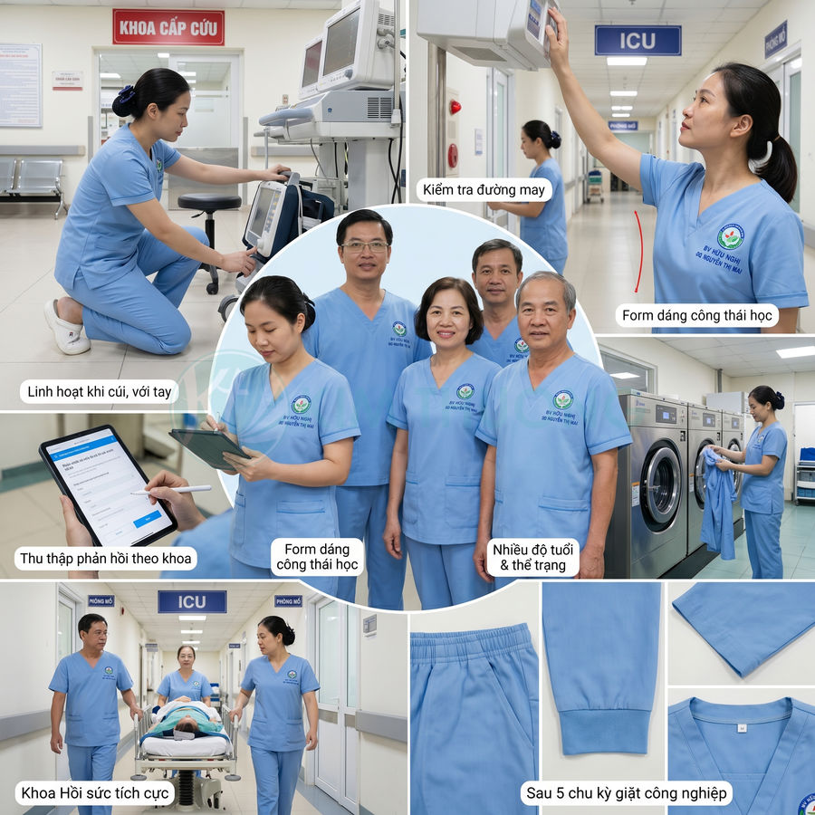 Đồng phục y tá bệnh viện màu xanh dương, chất liệu thoải mái, form dáng công thái học phù hợp nhiều độ tuổi