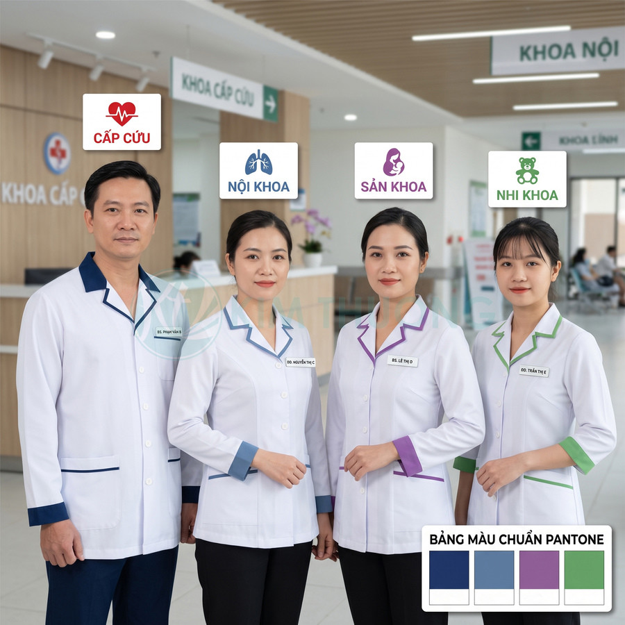 Áo blouse bác sĩ viền màu Pantone cho khoa cấp cứu nội khoa sản khoa nhi khoa trong bệnh viện