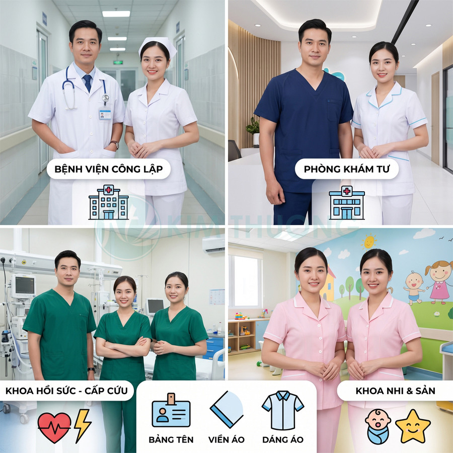 Bộ đồng phục y tá bác sĩ cho bệnh viện công, phòng khám tư, khoa hồi sức cấp cứu và khoa nhi sản