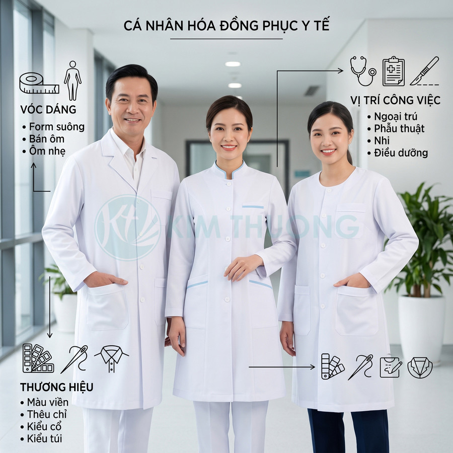 Ba nhân viên y tế mặc đồng phục áo blouse trắng thiết kế riêng trong hành lang bệnh viện