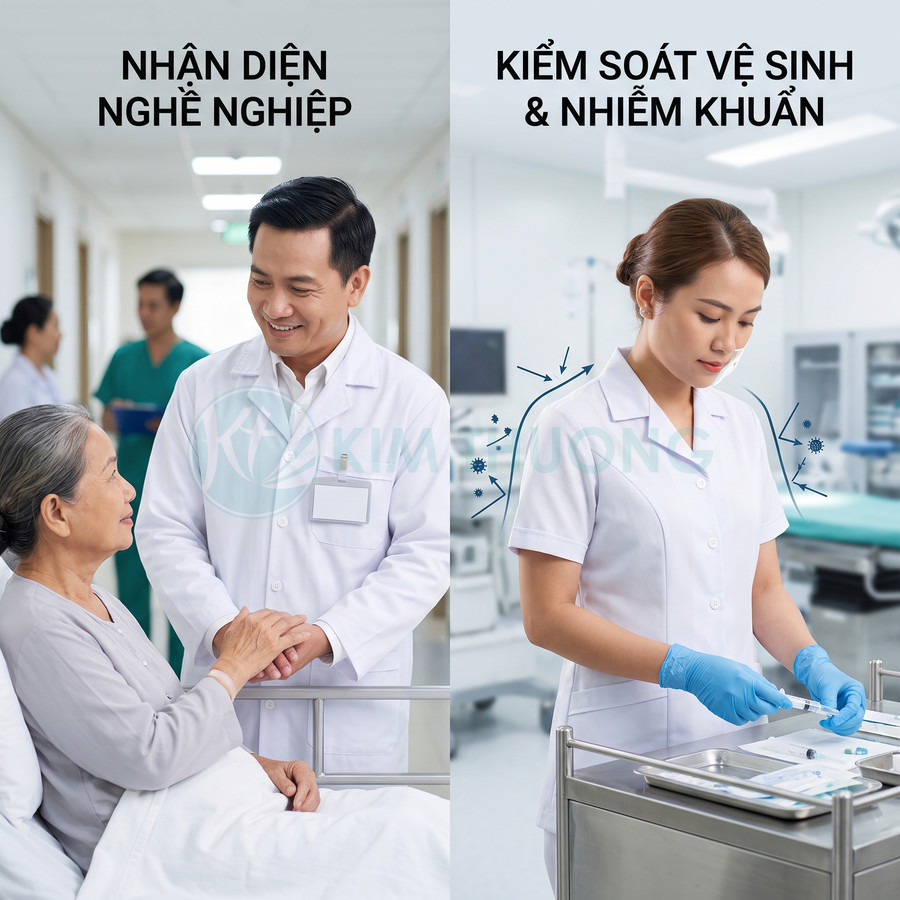 Bác sĩ và y tá mặc đồng phục blouse trắng chăm sóc bệnh nhân và chuẩn bị dụng cụ y tế trong bệnh viện