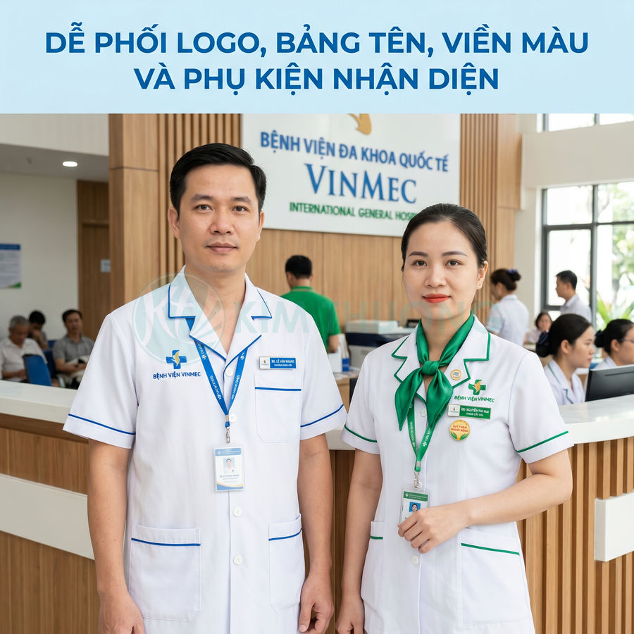 Đồng phục y tá bác sĩ bệnh viện Vinmec màu trắng viền xanh kèm bảng tên và phụ kiện nhận diện thương hiệu