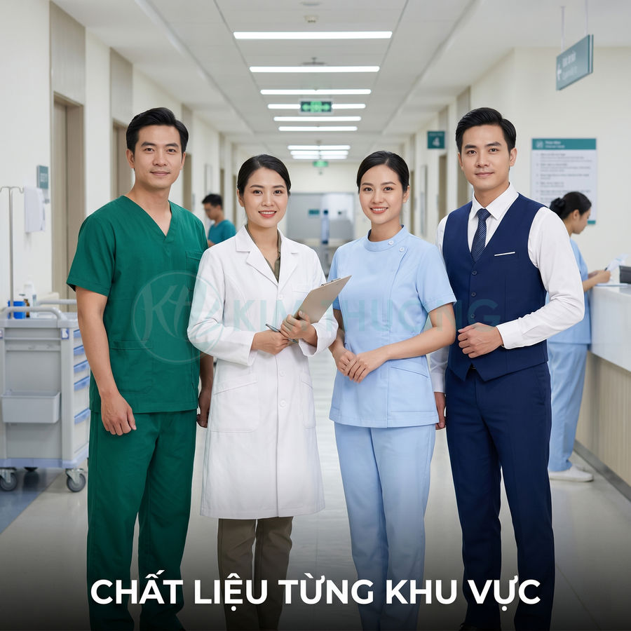 Nhân viên y tế mặc đồng phục bệnh viện đứng trong hành lang, giới thiệu trang phục y bác sĩ chuyên nghiệp