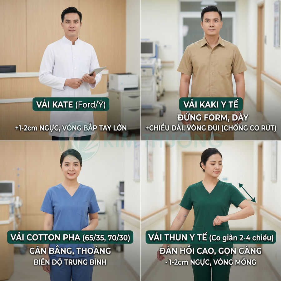 Các loại đồng phục y tế vải kate, kaki, cotton pha và thun y tế trên người mẫu nam nữ trong bệnh viện