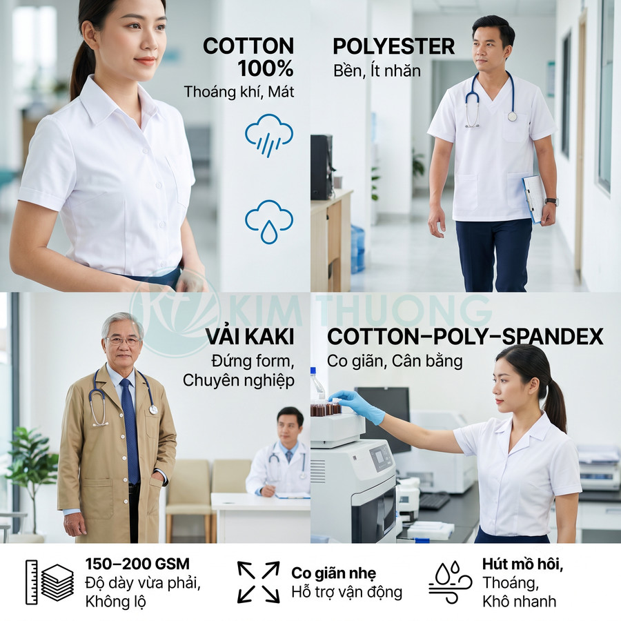 Đồng phục y tế Kim Thương chất liệu cotton, polyester, kaki, cotton poly spandex thoáng mát co giãn cho bác sĩ y tá