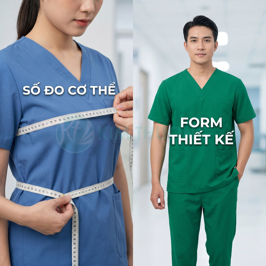 Đo số đo cơ thể và form thiết kế đồng phục y tá màu xanh dương và xanh lá