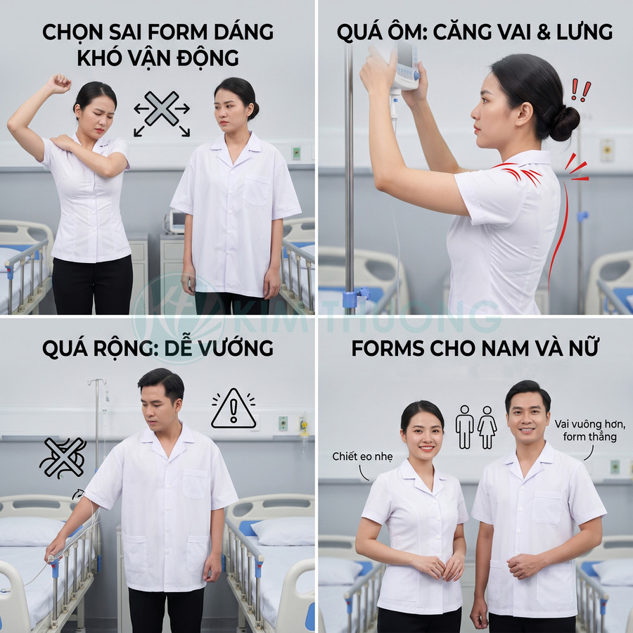 Đồng phục y tá bác sĩ form chuẩn cho nam và nữ trong bệnh viện, so sánh áo quá ôm và quá rộng