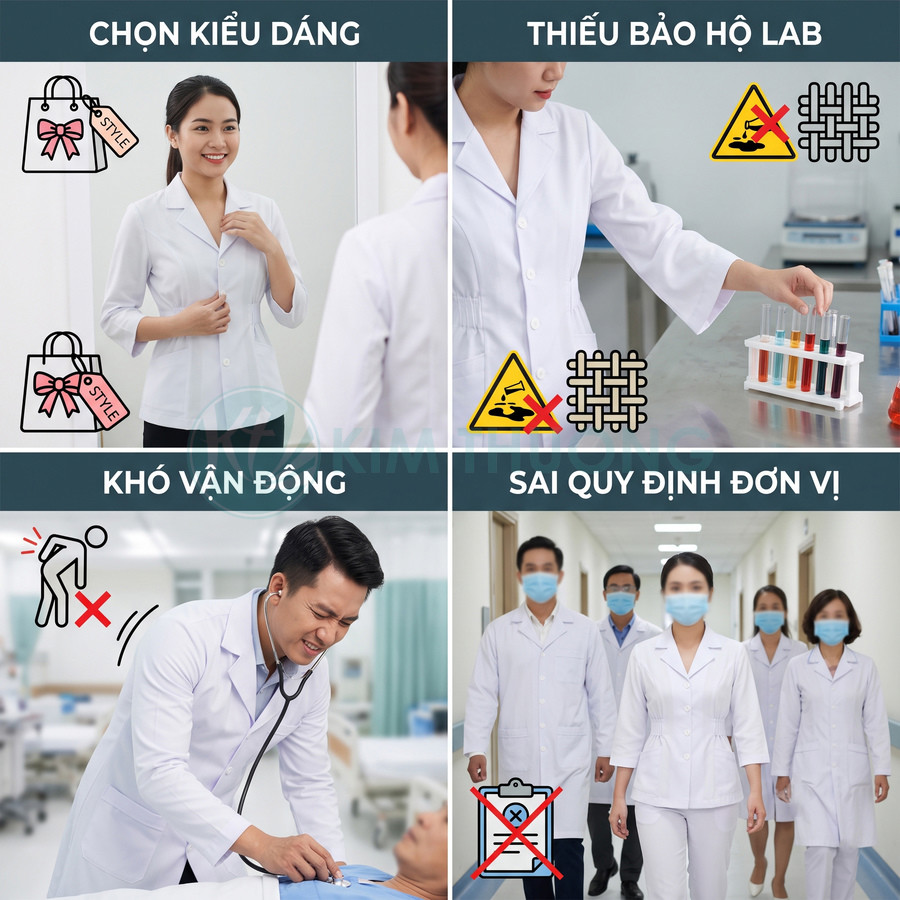 Bác sĩ và nhân viên y tế mặc áo blouse trắng không đạt chuẩn bảo hộ và quy định của bệnh viện