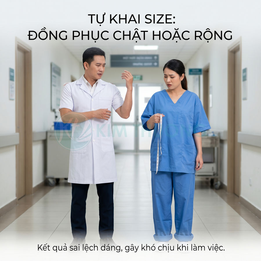 Bác sĩ và y tá mặc đồng phục y tế rộng chật không vừa size, cầm thước dây trong hành lang bệnh viện