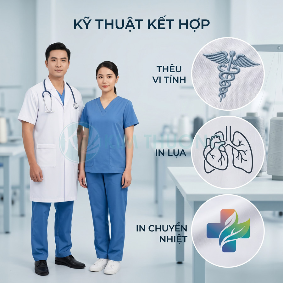 Đồng phục y tá bác sĩ màu xanh trắng cùng các mẫu thêu vi tính in lụa in chuyển nhiệt trên áo y tế