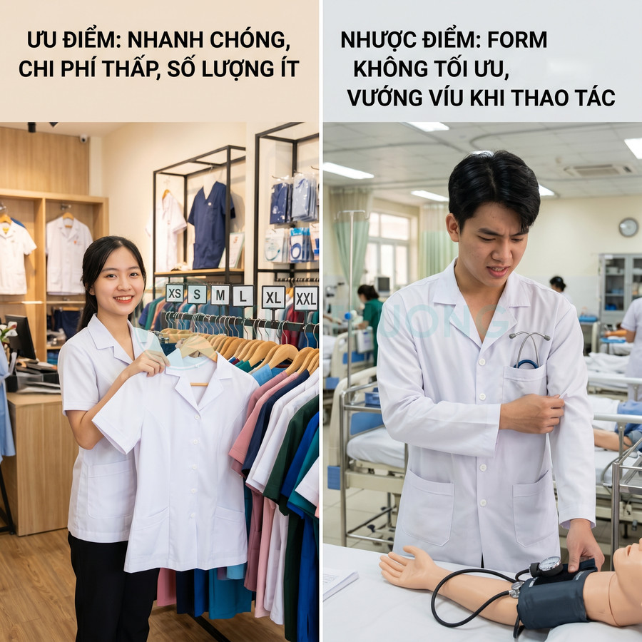 Đồng phục y tá trắng may sẵn treo trên giá và nhân viên y tế mặc áo blouse trắng trong phòng thực hành