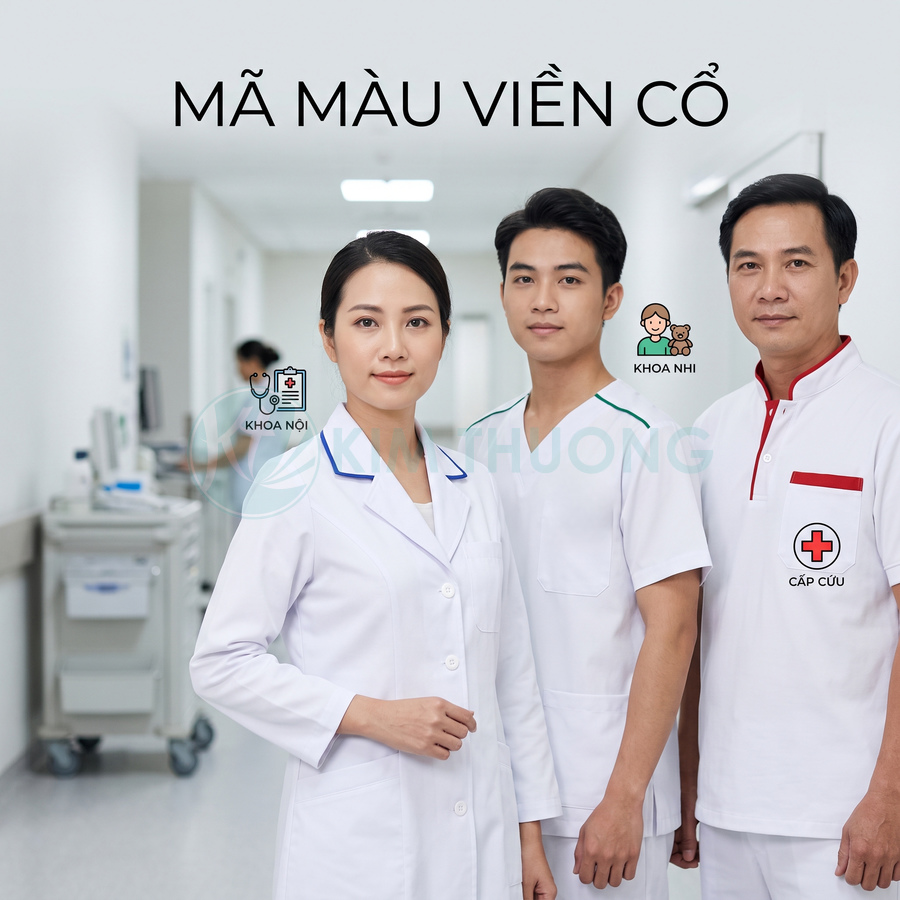 Bộ đồng phục y tá bác sĩ viền cổ nhiều màu cho khoa nội khoa nhi và cấp cứu trong bệnh viện