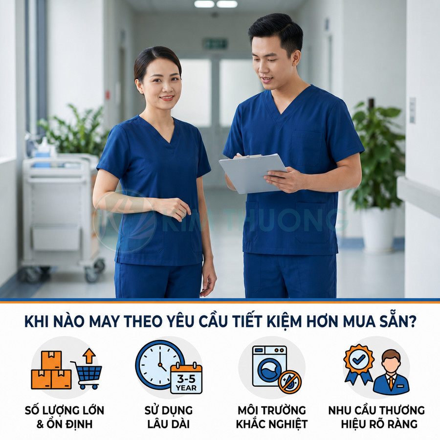 Đồng phục y tá bác sĩ màu xanh dương may theo yêu cầu cho bệnh viện, phù hợp sử dụng lâu dài số lượng lớn