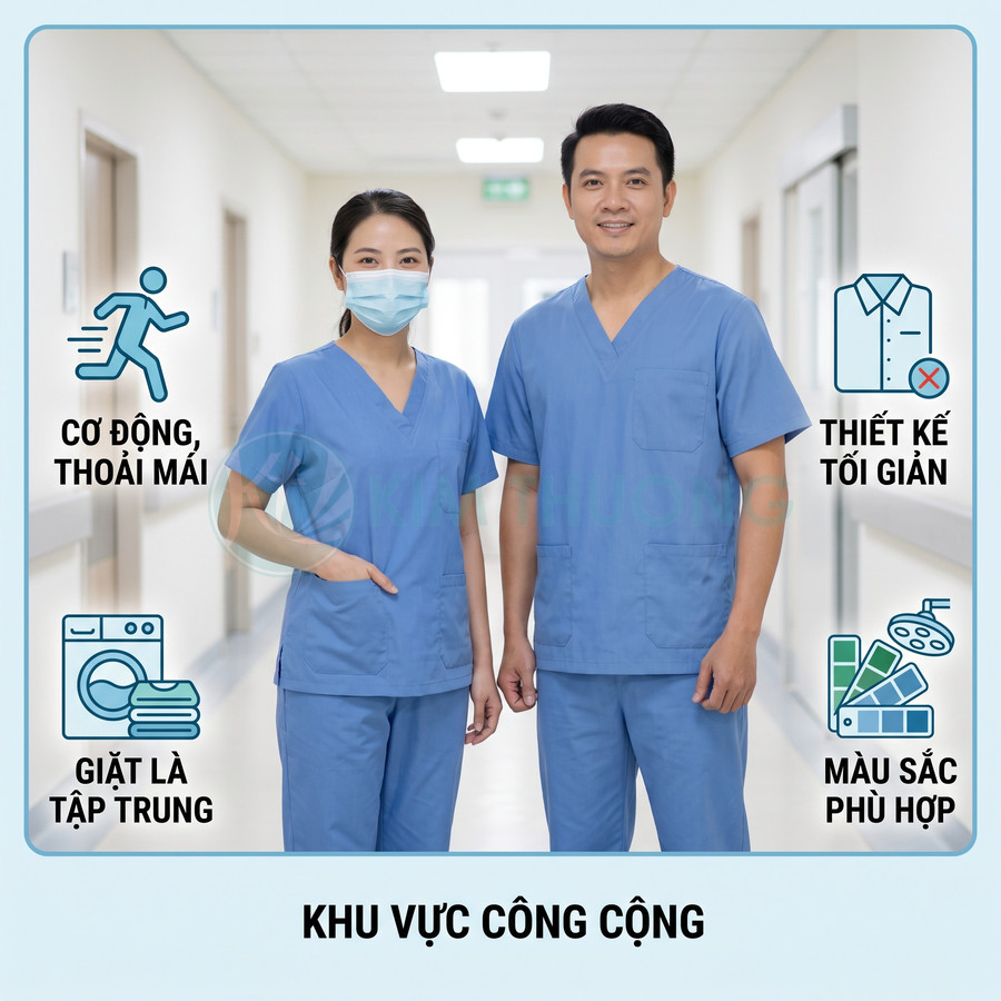 Đồng phục y tá bác sĩ màu xanh dương thiết kế tối giản cho khu vực công cộng bệnh viện