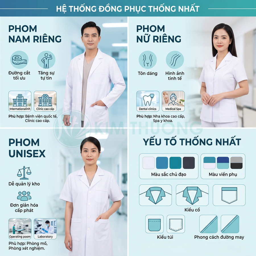 Hệ thống đồng phục y tế nam nữ và unisex màu trắng, thiết kế hiện đại cho bệnh viện, phòng khám, spa y khoa
