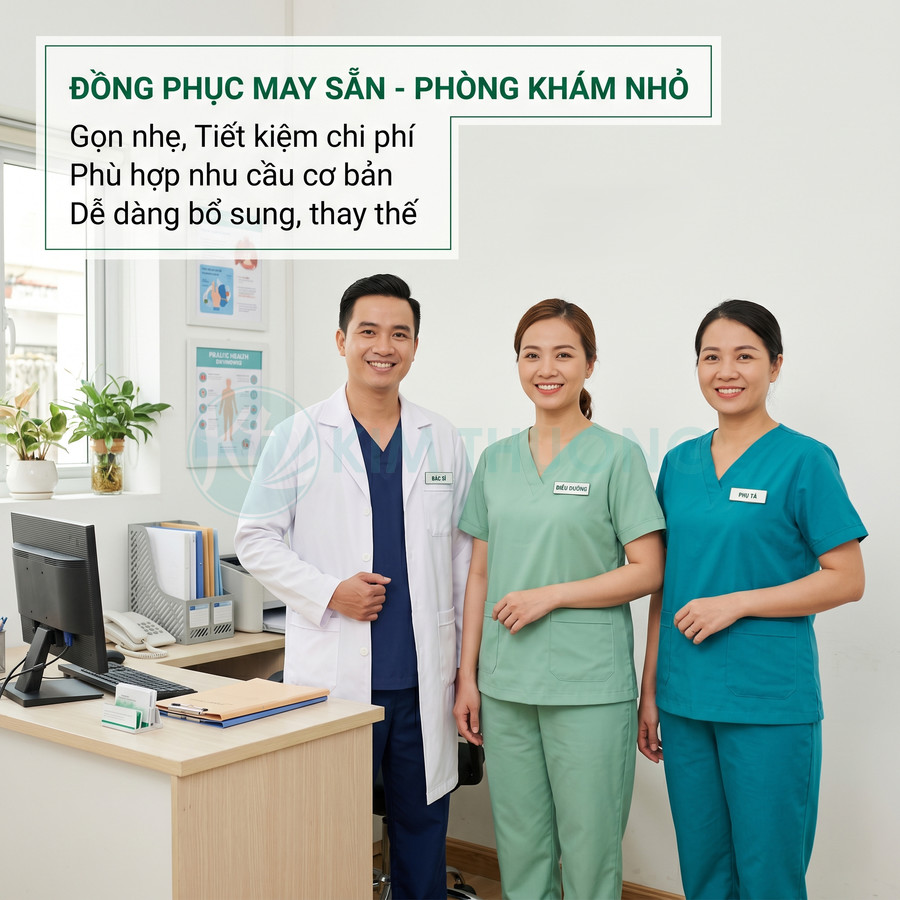 Đồng phục y tế may sẵn cho phòng khám nhỏ với bác sĩ và điều dưỡng đứng trong phòng khám