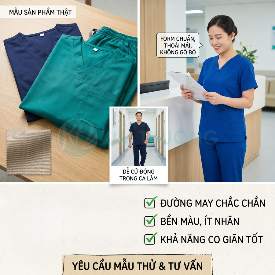Đồng phục y tá màu xanh dương và xanh lá chất liệu bền đẹp, ít nhăn, co giãn tốt, form chuẩn thoải mái khi làm việc