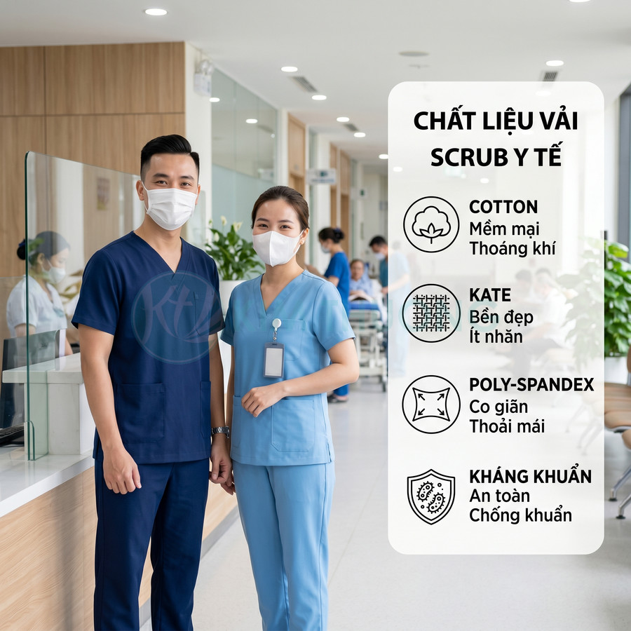 Đồng phục scrub y tế cotton kate poly spandex kháng khuẩn cho bác sĩ và y tá trong bệnh viện