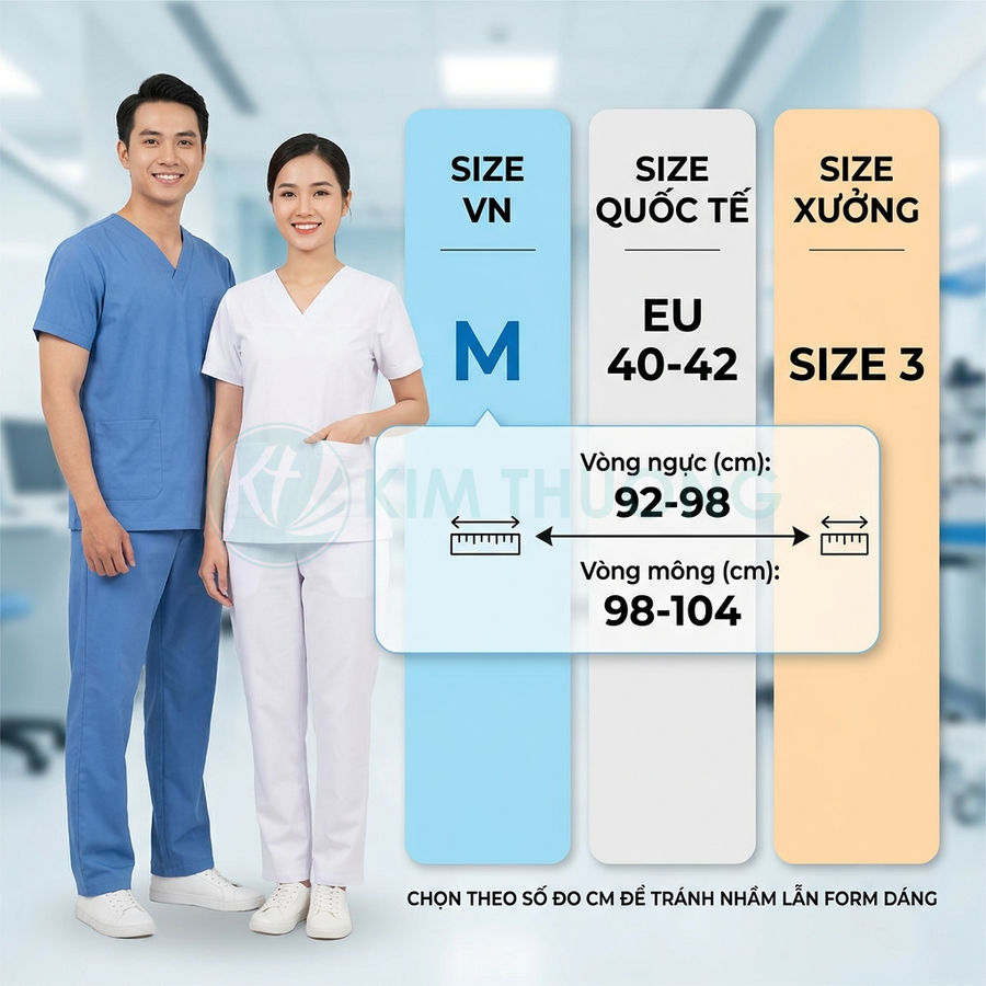 Bộ đồng phục y tá bác sĩ màu xanh và trắng size M kèm bảng quy đổi size và số đo vòng ngực vòng mông