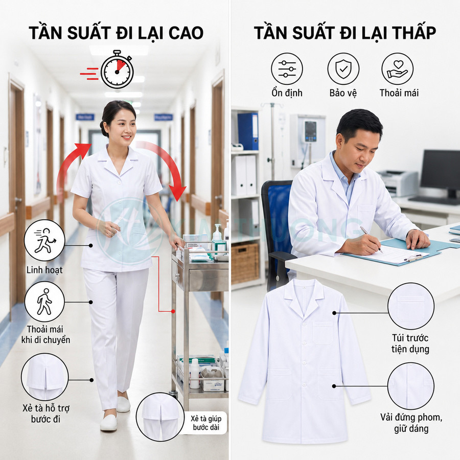 Đồng phục y tá và áo blouse bác sĩ màu trắng, thiết kế thoải mái linh hoạt cho nhân viên y tế
