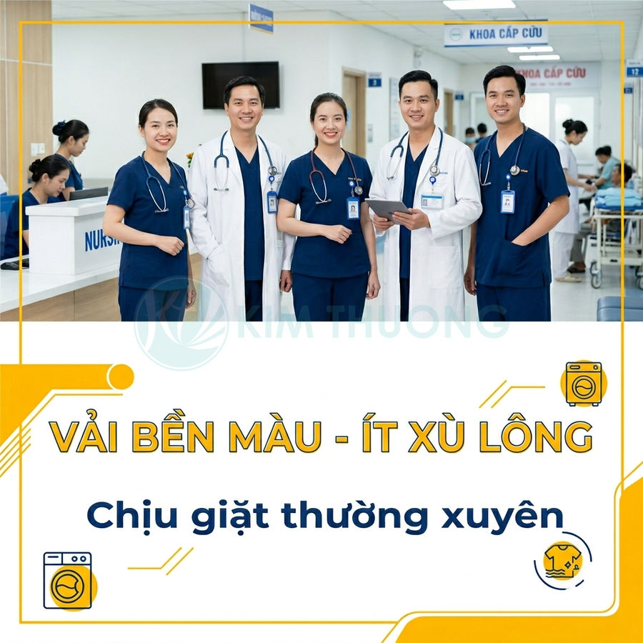 Đồng phục y tá bác sĩ màu xanh navy vải bền màu ít xù lông chịu giặt thường xuyên trong bệnh viện