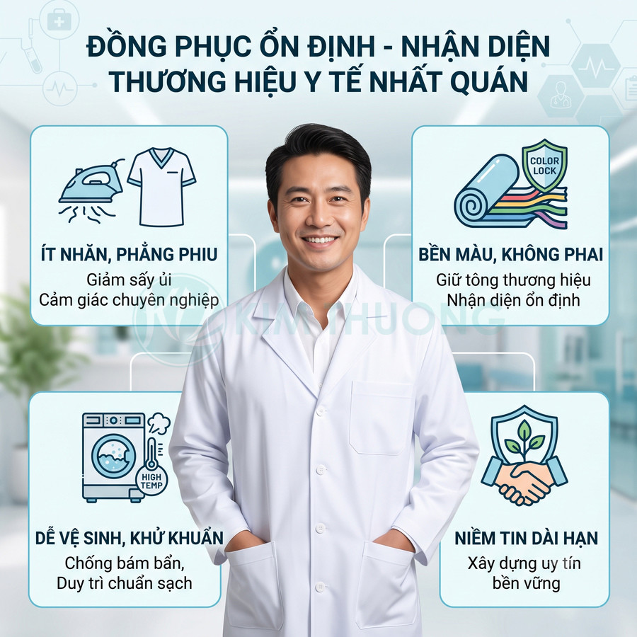 Bác sĩ nam mặc áo blouse trắng đứng trong bệnh viện, giới thiệu ưu điểm đồng phục y tế ít nhăn bền màu dễ vệ sinh