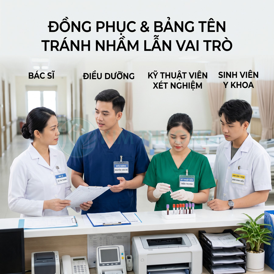 Nhân viên y tế mặc đồng phục và đeo bảng tên phân biệt bác sĩ điều dưỡng kỹ thuật viên sinh viên y khoa
