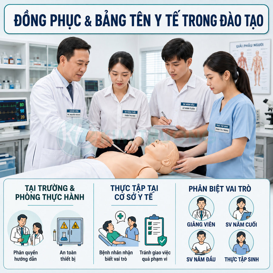Đồng phục y tế và bảng tên cho giảng viên, sinh viên thực tập trong phòng thực hành cấp cứu
