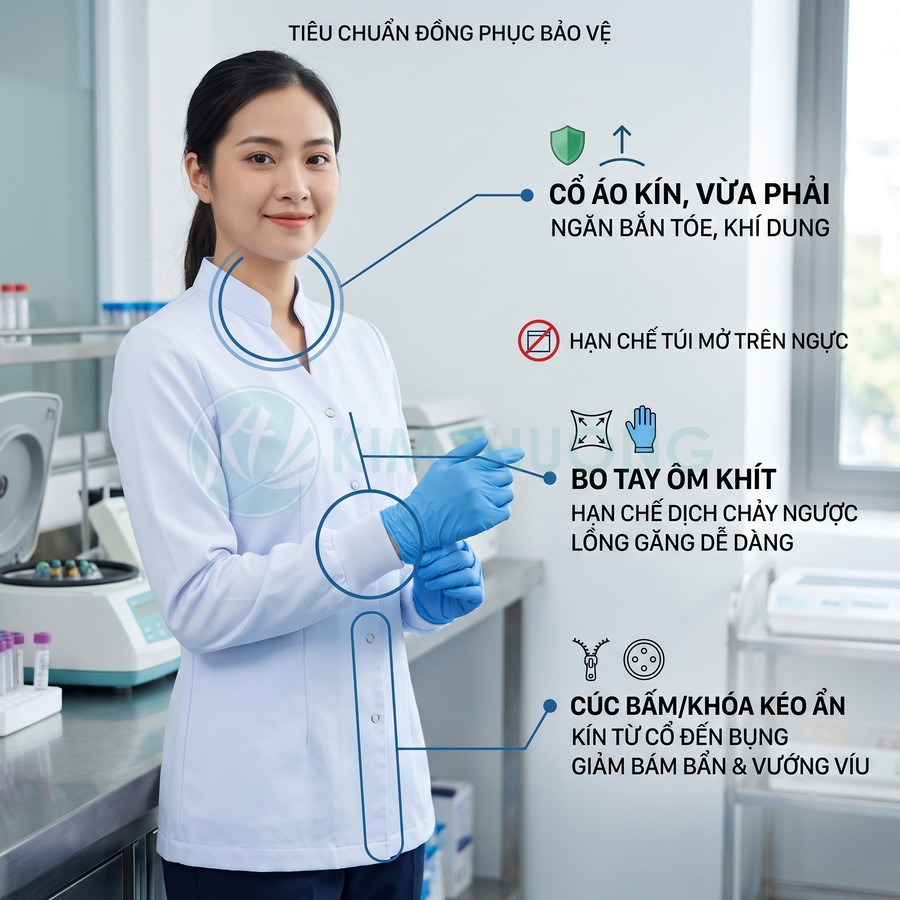 Đồng phục bảo hộ phòng thí nghiệm cổ kín bo tay ôm khít, cúc bấm ẩn cho nhân viên y tế nữ