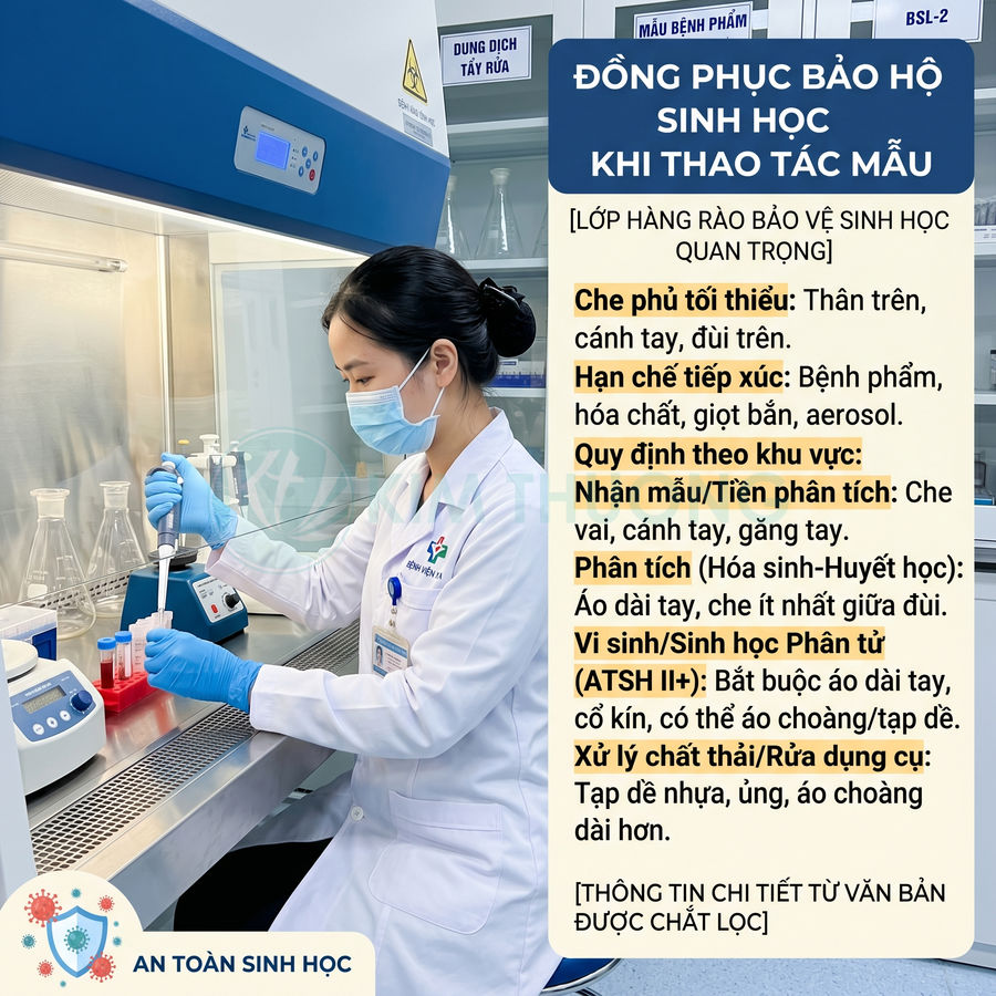 Nhân viên xét nghiệm mặc đồ bảo hộ sinh học thao tác mẫu trong tủ an toàn tại phòng thí nghiệm