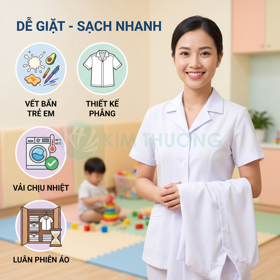 Đồng phục bảo mẫu mầm non màu trắng Kim Thương dễ giặt sạch, vải chịu nhiệt, thiết kế phẳng gọn gàng