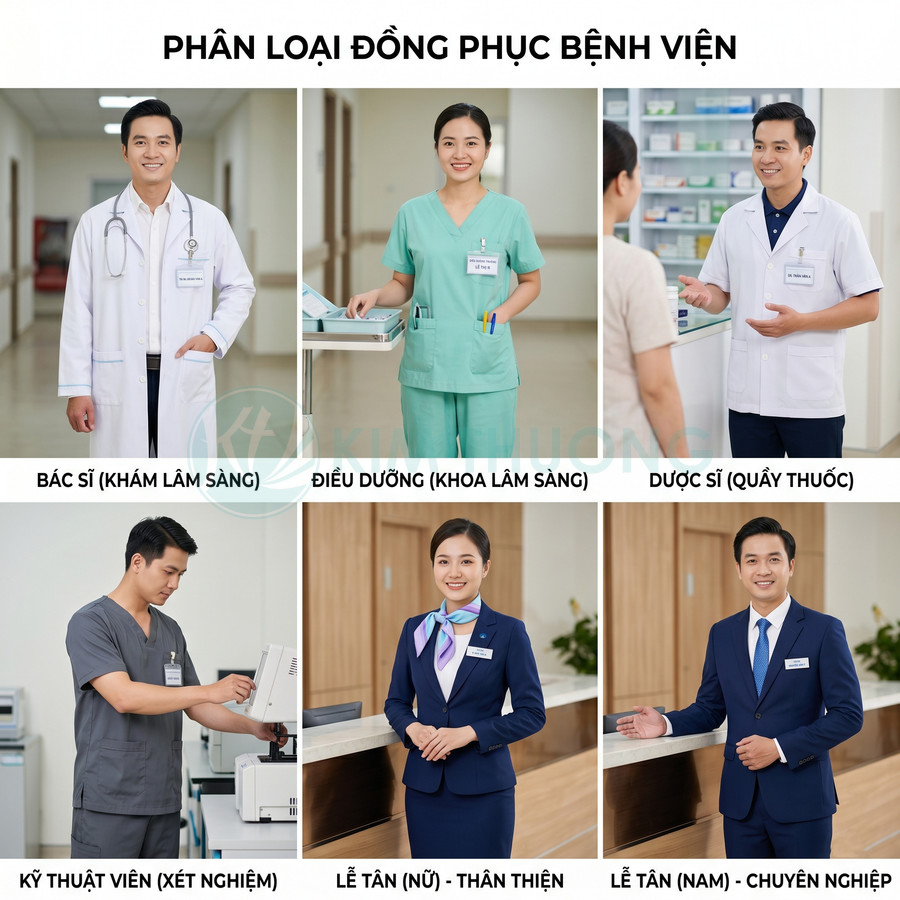 Các mẫu đồng phục bệnh viện cho bác sĩ, điều dưỡng, dược sĩ, kỹ thuật viên và lễ tân nam nữ