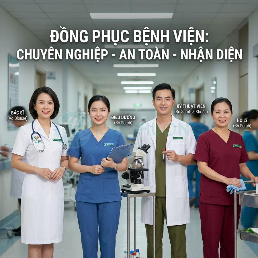 Đồng phục bệnh viện chuyên nghiệp cho bác sĩ, điều dưỡng, kỹ thuật viên và hộ lý trong hành lang bệnh viện