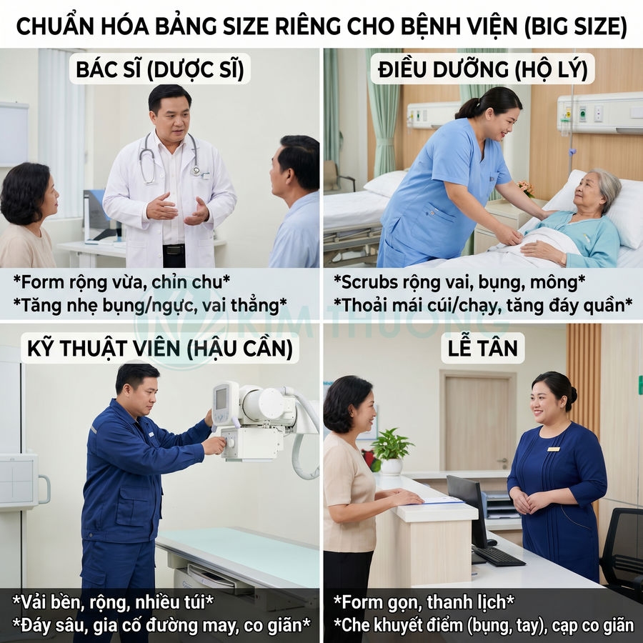 Đồng phục big size cho bác sĩ, điều dưỡng, kỹ thuật viên và lễ tân bệnh viện trong môi trường khám chữa bệnh