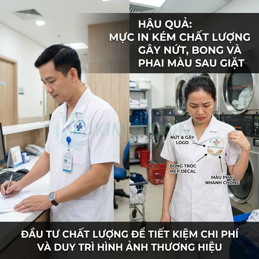 Đồng phục y tá in logo bệnh viện bị nứt bong tróc và phai màu sau giặt trong phòng giặt là