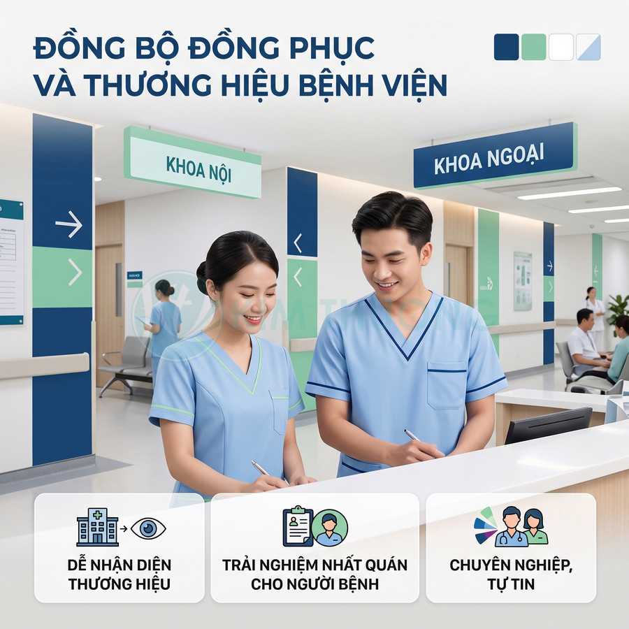 Đồng phục y tá bệnh viện màu xanh nhạt viền xanh lá và xanh dương tại quầy tiếp đón khoa nội ngoại