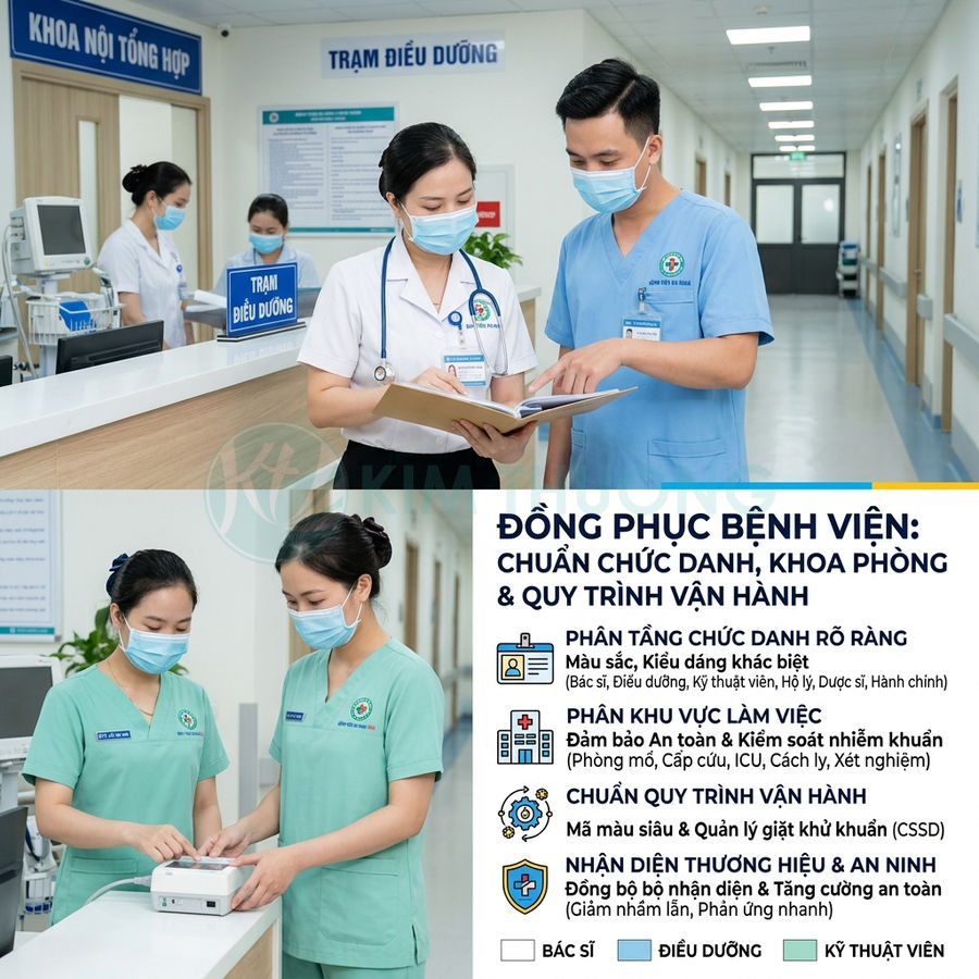 Đồng phục bệnh viện cho bác sĩ và điều dưỡng với màu sắc phân biệt chức danh và khoa phòng