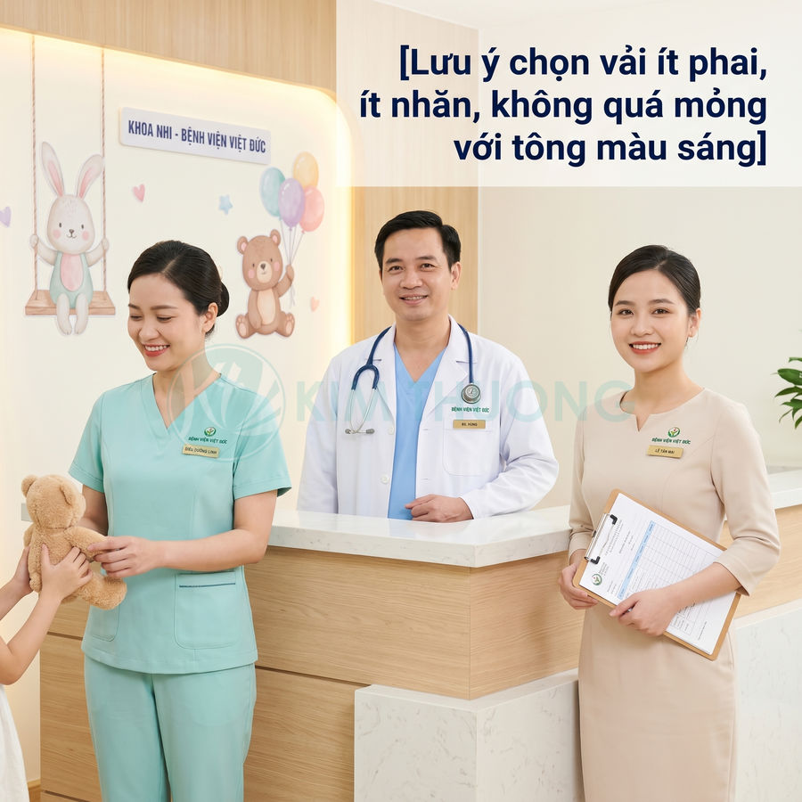 Nhân viên y tế bệnh viện Việt Đức mặc đồng phục sáng màu tư vấn và chăm sóc bệnh nhi tại quầy tiếp đón