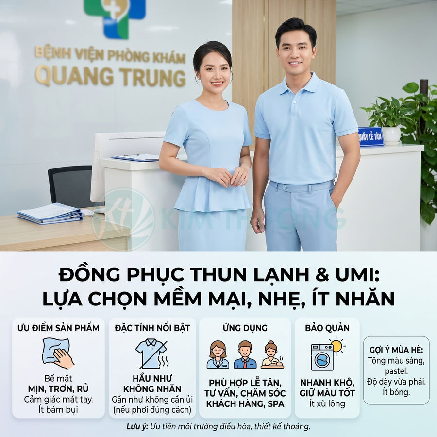 Đồng phục thun lạnh màu xanh pastel cho lễ tân bệnh viện phòng khám Quang Trung, thiết kế mềm mại, nhẹ, ít nhăn