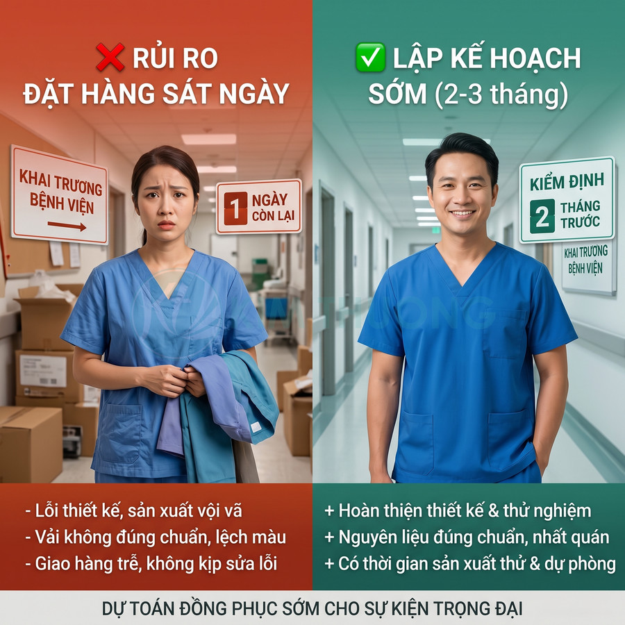 So sánh đồng phục y tá đặt gấp và đặt sớm, nhấn mạnh lợi ích lập kế hoạch may đồng phục bệnh viện