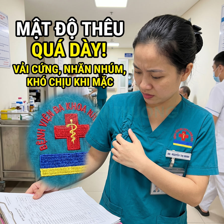 Điều dưỡng mặc đồng phục bệnh viện thêu logo Bệnh viện Đa khoa Ninh Bình dày gây cứng và khó chịu