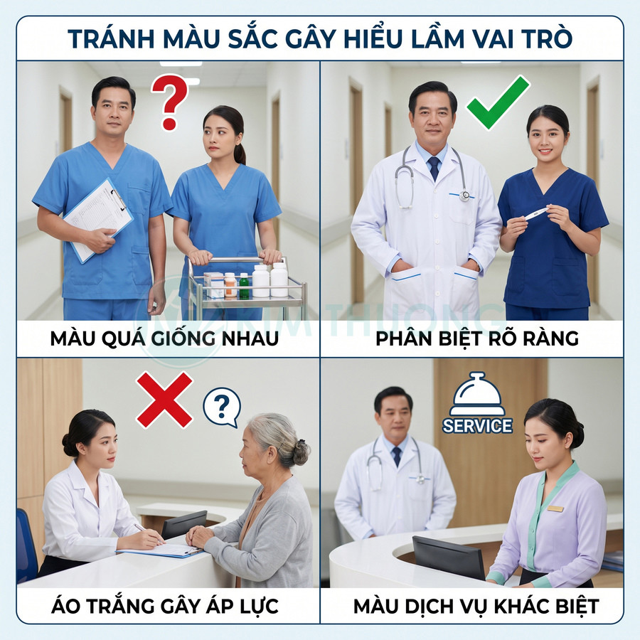 Đồng phục y tá và bác sĩ với màu sắc khác nhau giúp phân biệt vai trò và tạo cảm giác thân thiện cho bệnh nhân