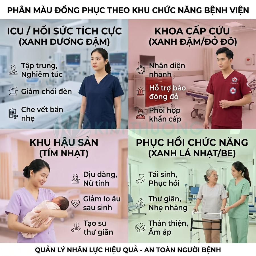 Bảng hướng dẫn màu sắc đồng phục y tá theo từng khoa chức năng trong bệnh viện để quản lý nhân lực hiệu quả