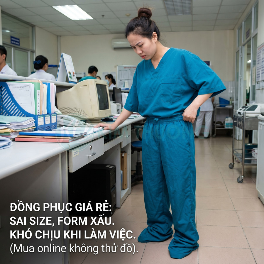 Nhân viên y tế mặc bộ đồng phục bệnh viện rộng thùng thình, sai size, đứng khó chịu trong phòng làm việc