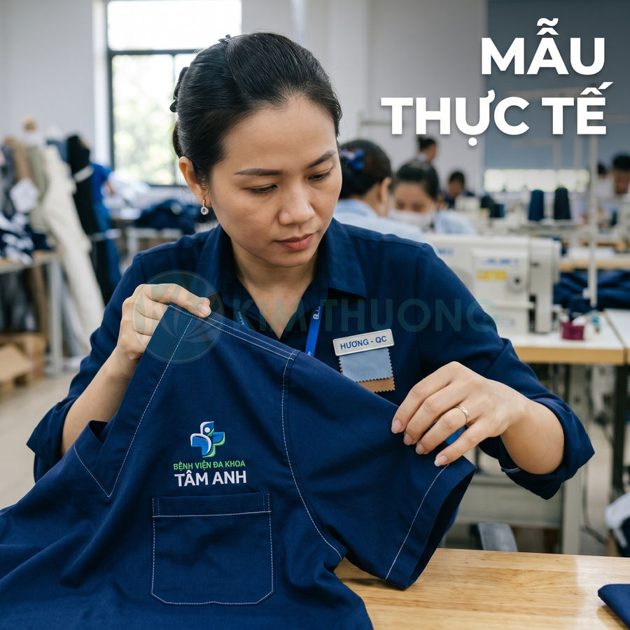 Nhân viên kiểm tra áo đồng phục y tế Bệnh viện Đa khoa Tâm Anh màu xanh navy trong xưởng may