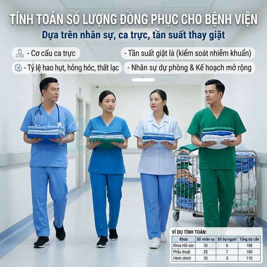 Nhân viên y tế mặc đồng phục bệnh viện nhiều màu, cầm chồng quần áo y tế sạch đi trong hành lang